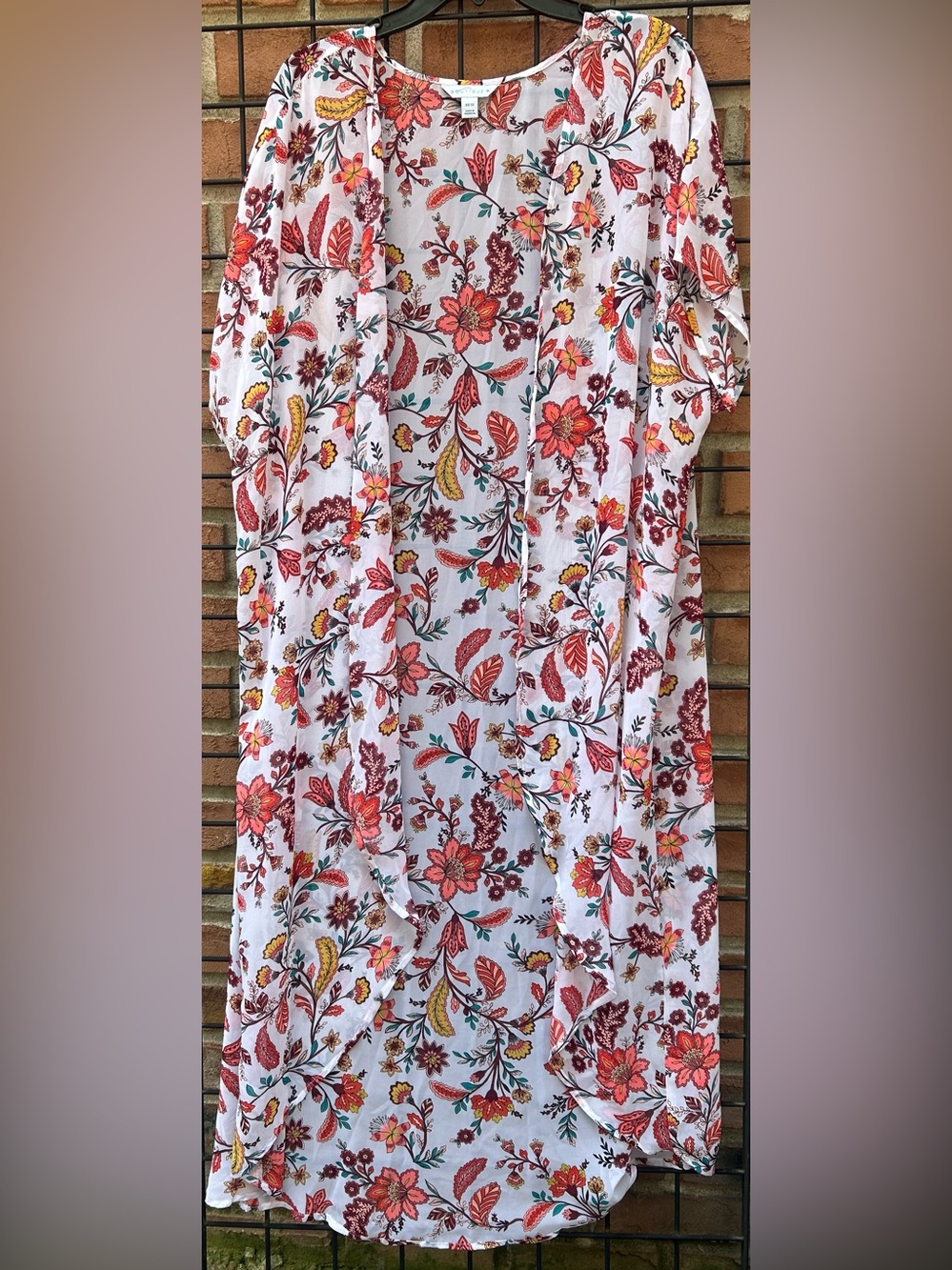 Boutique Floral Open-Front Kimono Top - White with Red & Yellow Floral Print